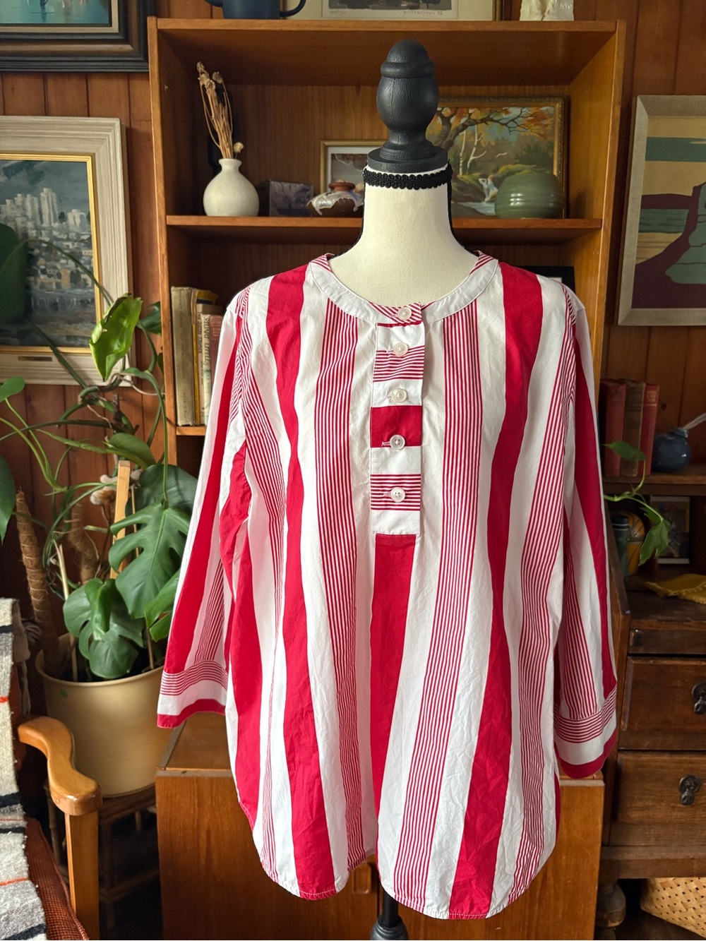 J Crew Red Stripe Cotton Poplin Popover XL
